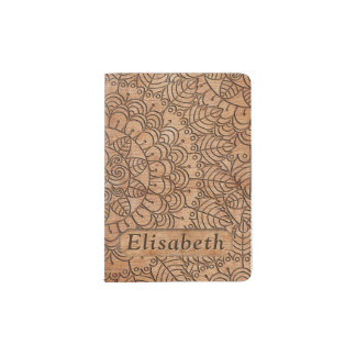 Carved Wood Floral Circles Mandala Personalized Passport Holder