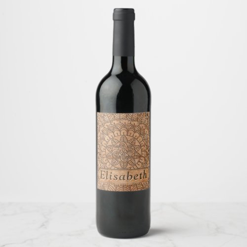 Carved Wood Floral Circles Mandala Personalized Wine Label