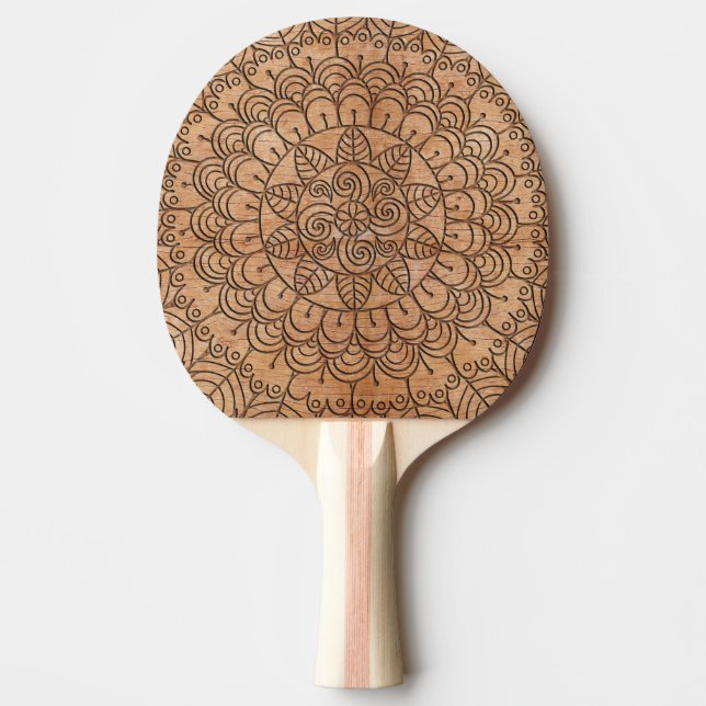 Carved Wood Floral Circles Mandala Ping Pong Paddle (Front)