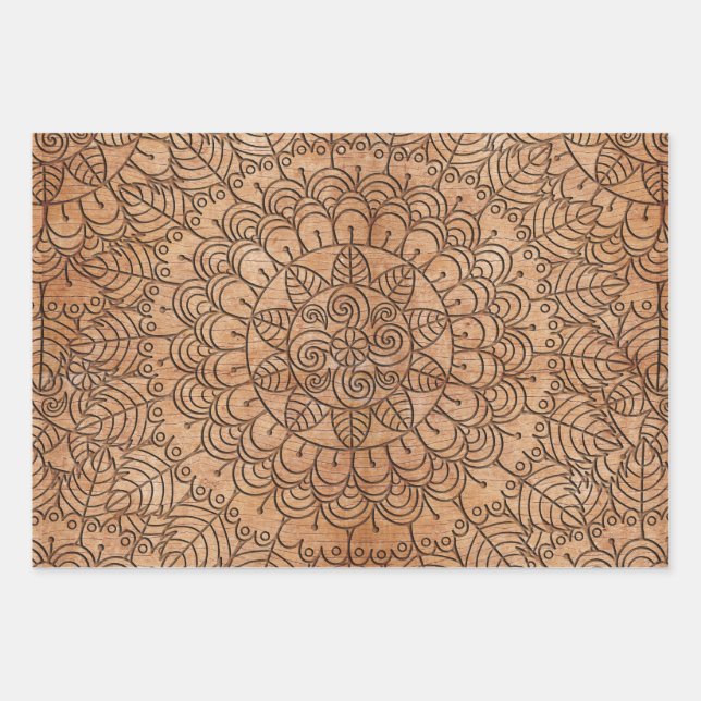 Carved Wood Floral Circles Mandalas Wrapping Paper Sheets (Front)