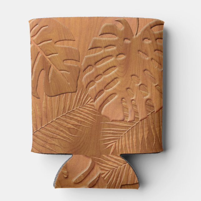 Carved Wood Foliage Faux Print Can Cooler (Back)