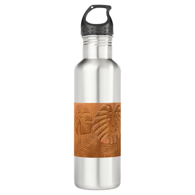 Carved Wood Foliage Faux Print Stainless Steel Water Bottle (Front)