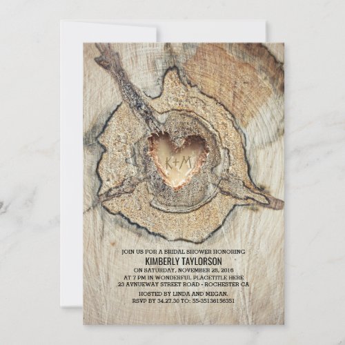 Carved Wood Heart Rustic Tree Bridal Shower Invitation