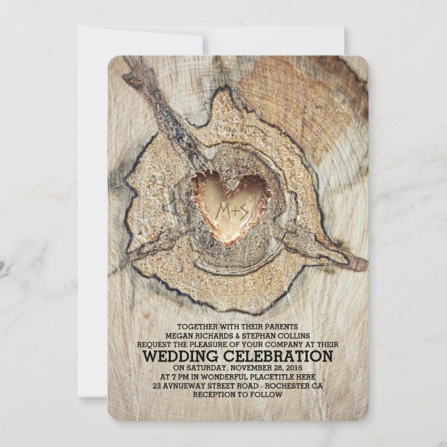 Carved Wood Heart Rustic Tree Invitation (Front)
