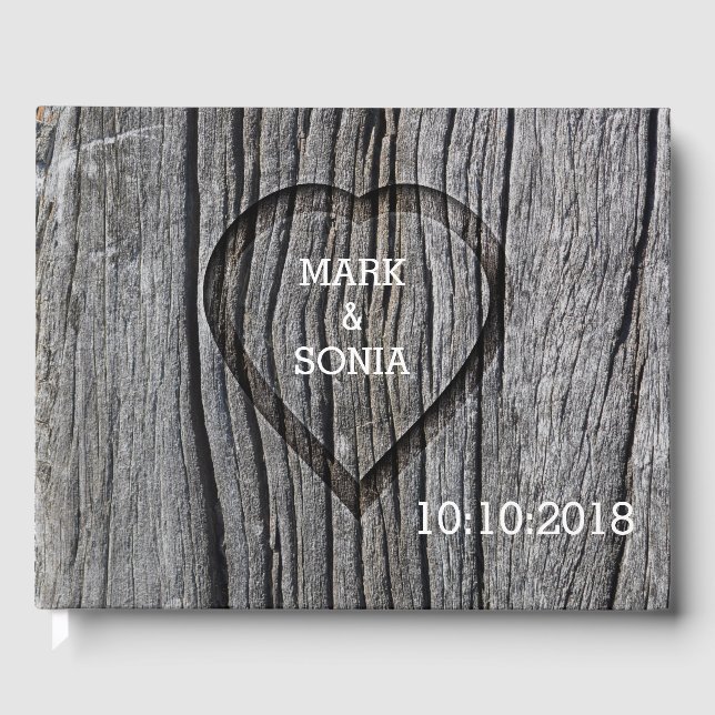 Carved Wood Heart Rustic Wedding Guest Book (Front)