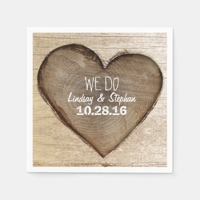 Carved Wood Heart Rustic Wedding Napkins (Front)