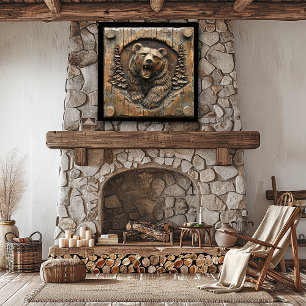 Carved Wood Huge Growling Grizzly Bear Poster