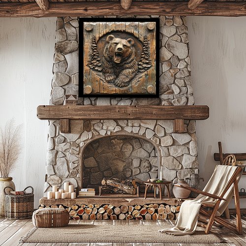 Carved Wood Huge Growling Grizzly Bear  Poster