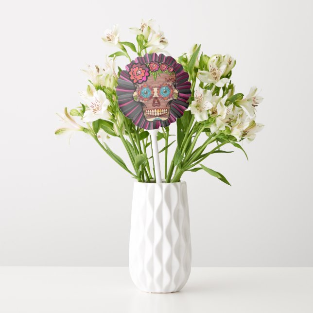 Carved-wood-look sugar skull w/ Floral Crown Balloon (Vase)