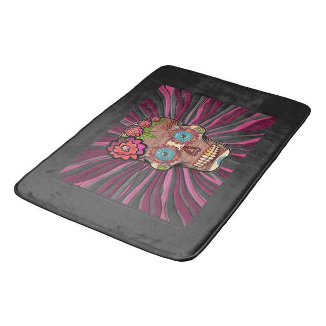 Carved-wood-look Sugar Skull w/ Floral Crown  Bath Mat (Angled)