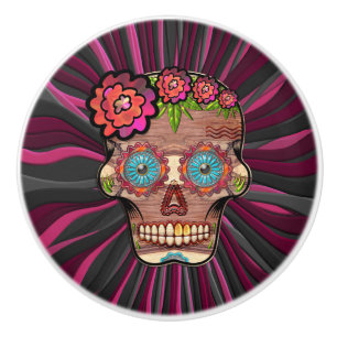 Carved-wood-look sugar skull w/ Floral Crown Ceramic Knob