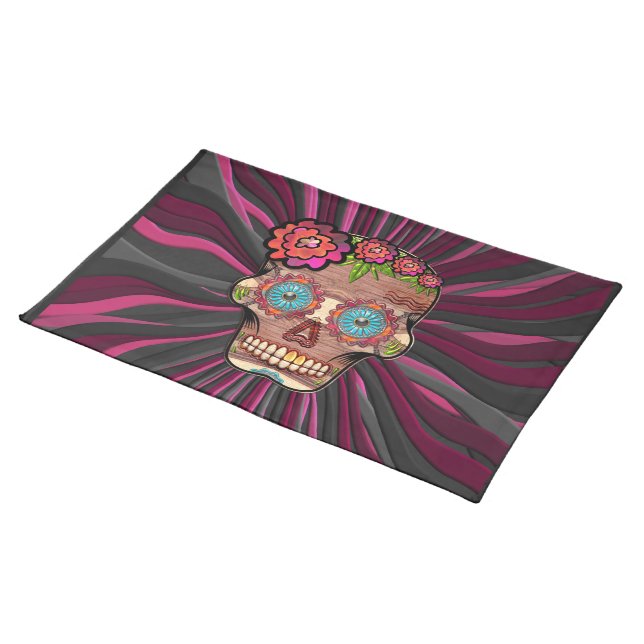 Carved-wood-look sugar skull w/ Floral Crown Cloth Placemat (On Table)