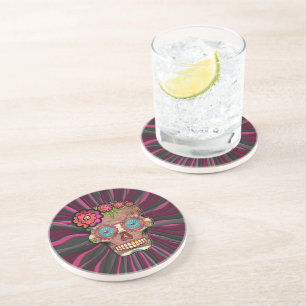 Carved-wood-look sugar skull w/ Floral Crown Coaster