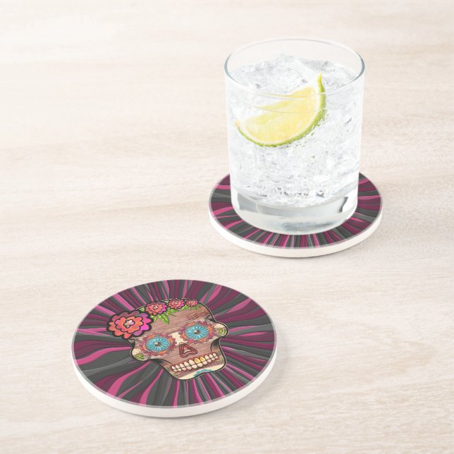 Carved-wood-look sugar skull w/ Floral Crown Coaster (Side)