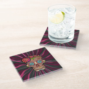 Carved-wood-look sugar skull w/ Floral Crown Glass Coaster