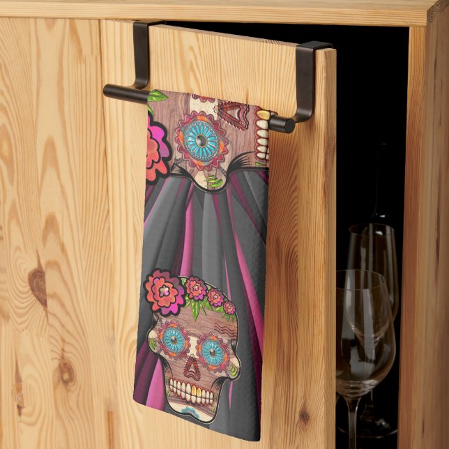 Carved-wood-look sugar skull w/ Floral Crown Kitchen Towel (Thirds Fold)