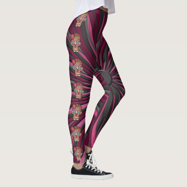 Carved-wood-look sugar skull w/ Floral Crown Leggings (Right)