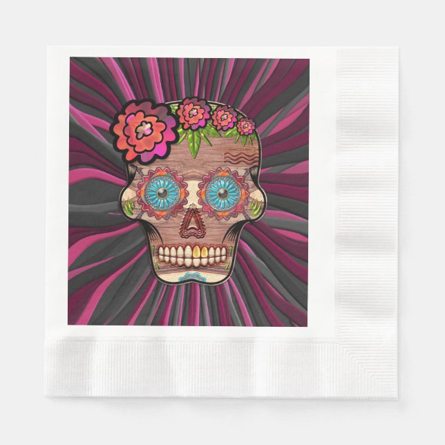 Carved-wood-look sugar skull w/ Floral Crown Napkins (Front)