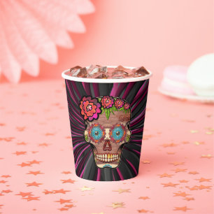 Carved-wood-look sugar skull w/ Floral Crown Paper Cups