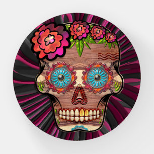 Carved-wood-look sugar skull w/ Floral Crown Paperweight
