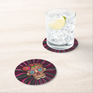 Carved-wood-look sugar skull w/ Floral Crown Round Paper Coaster