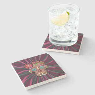 Carved-wood-look sugar skull w/ Floral Crown Stone Coaster