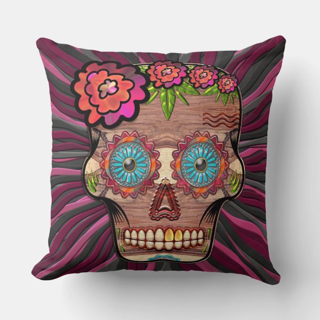 Carved-wood-look sugar skull w/ Floral Crown Throw Pillow (Front)