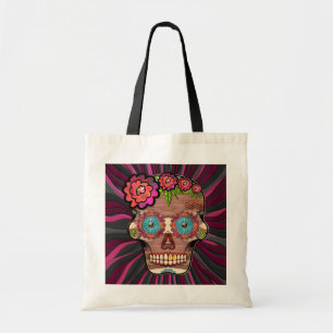 Carved-wood-look sugar skull w/ Floral Crown Tote Bag