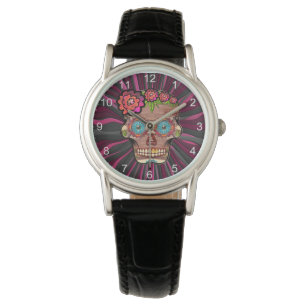 Carved-wood-look sugar skull w/ Floral Crown Watch