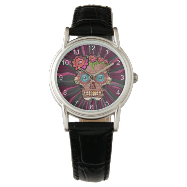 Carved-wood-look sugar skull w/ Floral Crown Watch (Front)