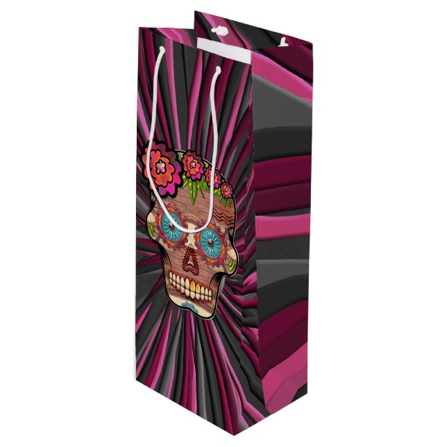 Carved-wood-look sugar skull w/ Floral Crown Wine Gift Bag (Front Angled)