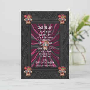 Carved-wood-look sugar skull w/ Floral Crowns Invitation