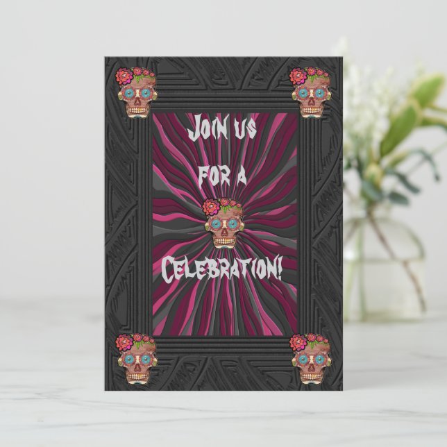 Carved-wood-look sugar skull w/ Floral Crowns Invitation (Standing Front)