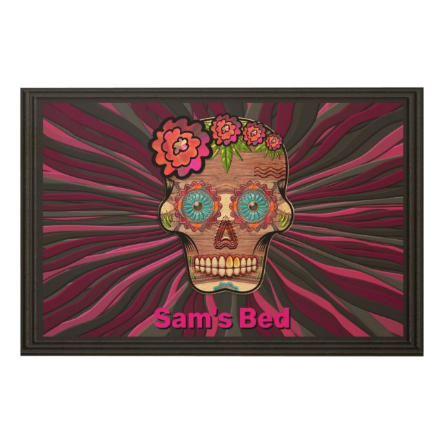 Carved-wood-look Sugar Skull w/ Headboard Wood Wall Art (Front)