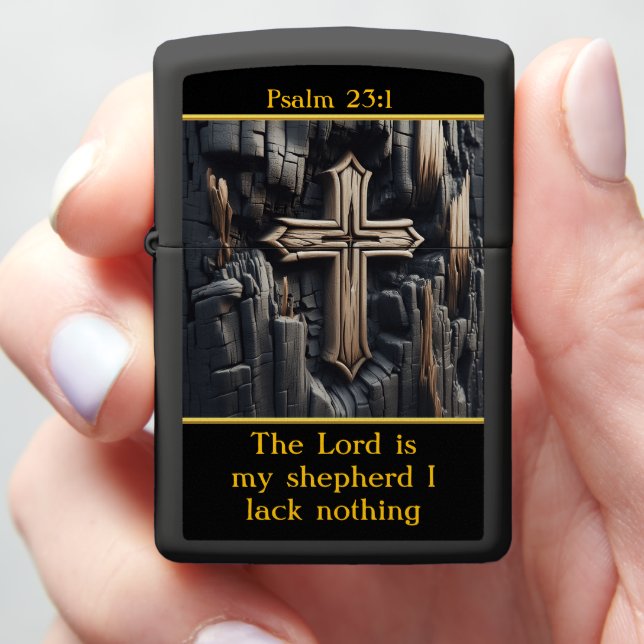 Carved Wood Psalm 23:1 Zippo Lighter (In Hand)