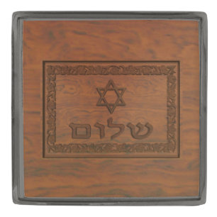 Carved Wood Shalom Gunmetal Finish Lapel Pin