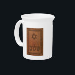 Carved Wood Shalom Pitcher<br><div class="desc">Features a computer-generated "old wood carving" of a Magen David (Star of David), text reading "Shalom" and a floral border.</div>
