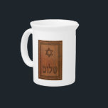 Carved Wood Shalom Pitcher<br><div class="desc">Features a computer-generated "old wood carving" of a Magen David (Star of David),  text reading "Shalom" and a floral border.</div>