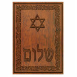 Carved Wood Shalom Statuette<br><div class="desc">Features a computer-generated "old wood carving" of a Magen David (Star of David),  text reading "Shalom" and a floral border.</div>