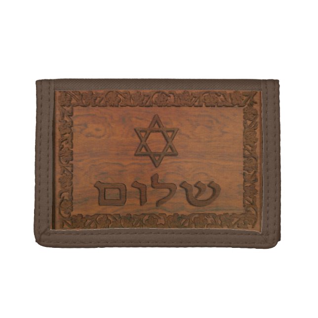 Carved Wood Shalom Tri-fold Wallet (Front)