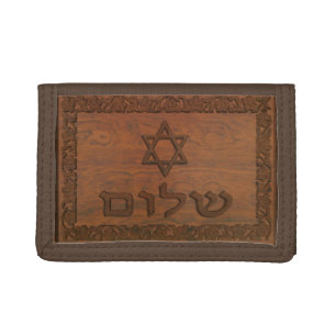 Carved Wood Shalom Trifold Wallet