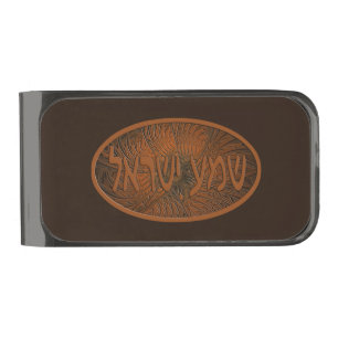 Carved Wood Shema Yisrael Gunmetal Finish Money Clip