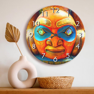 Carved wood totem face photo bold graphic colorful large clock