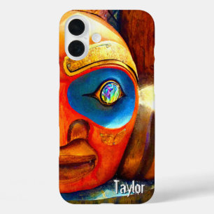 Carved Wood Totem Face Photo Monogram Name Bold iPhone 16 Plus Case