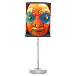 Carved Wood Totem Face Photo Orange Turquoise Bold Table Lamp
