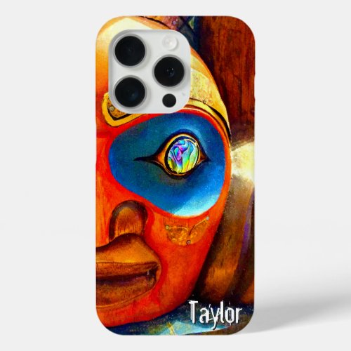 Carved Wood Totem Tiki Face Photo Custom Name Bold iPhone 15 Pro Case