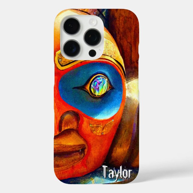Carved Wood Totem Tiki Face Photo Custom Name Bold Case-Mate iPhone Case (Back)