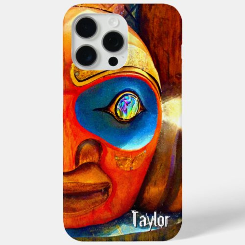 Carved Wood Totem Tiki Face Photo Monogram Name iPhone 15 Pro Max Case