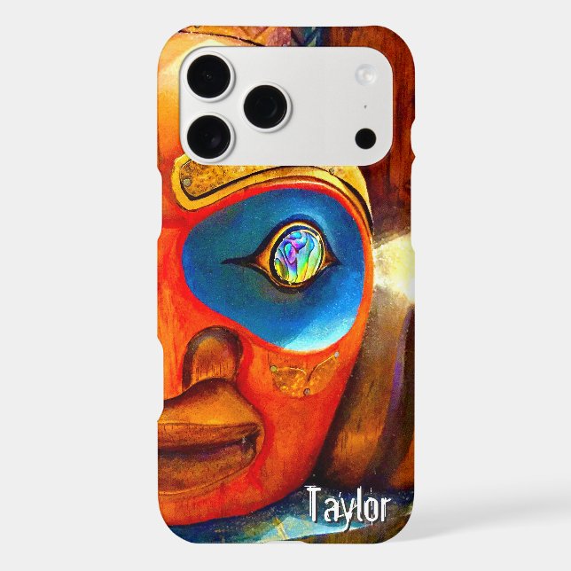 Carved Wood Totem Tiki Face Photo Monogram Name Case-Mate iPhone Case (Back)