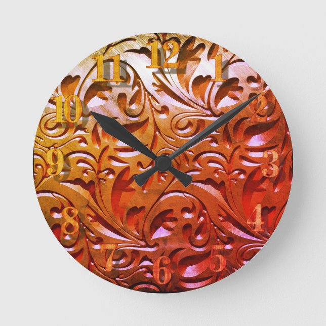 Carved wood woodgrain look elegant abstract brown  round clock (Front)